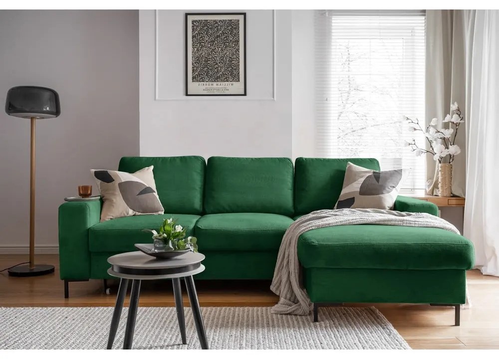 Colțar verde închis extensibil cu tapițerie din catifea reiată (cu colț pe partea dreaptă) Lofty Lilly – Miuform