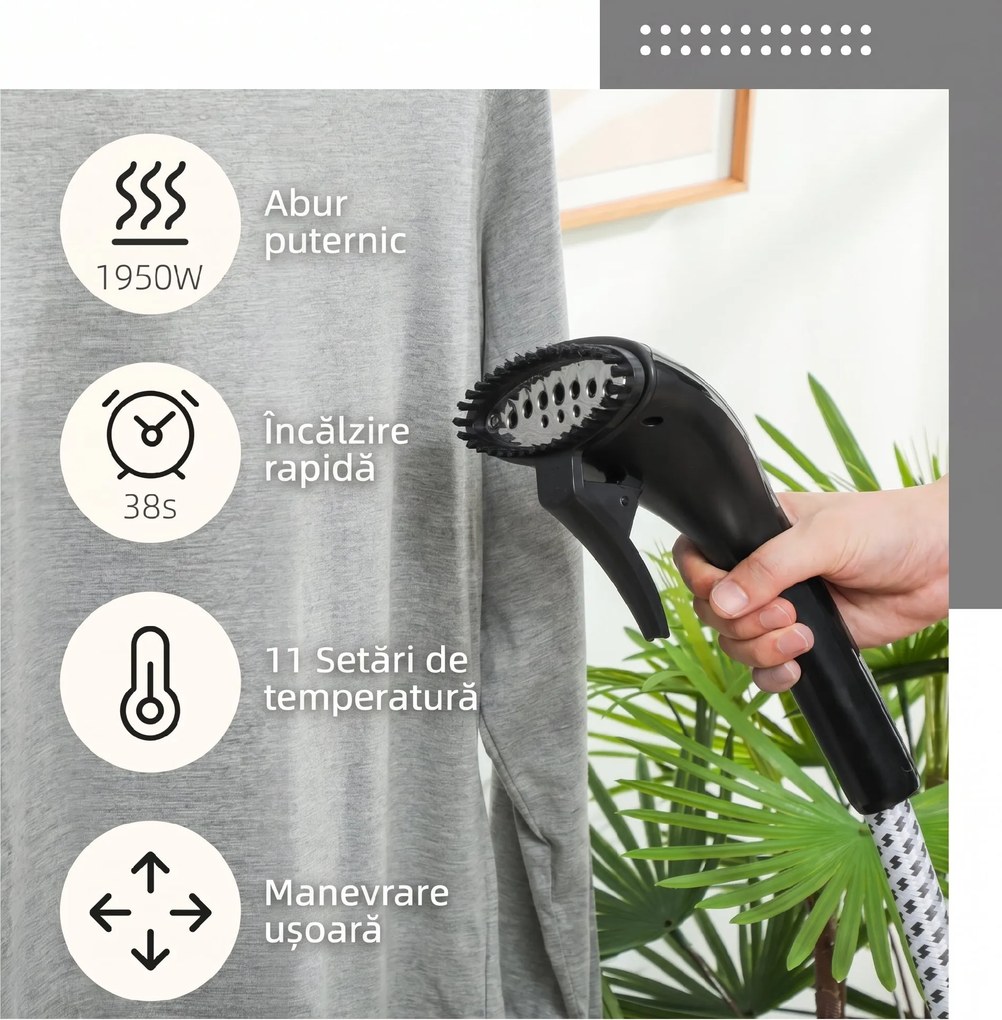 HOMCOM Aparat de Călcat Vertical cu Abur 1.4L cu Bară Extensibilă și 2 Roți Negru | Aosom Romania