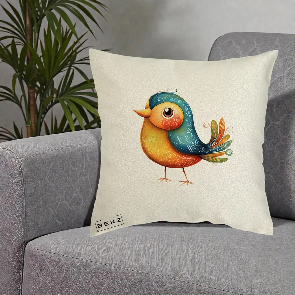 Perna Decorativa Pasare Folk Art Portocalie-Teal, 40x40 cm, Ecru, Husa Detasabila, Perna Inclusa, BEKZ®
