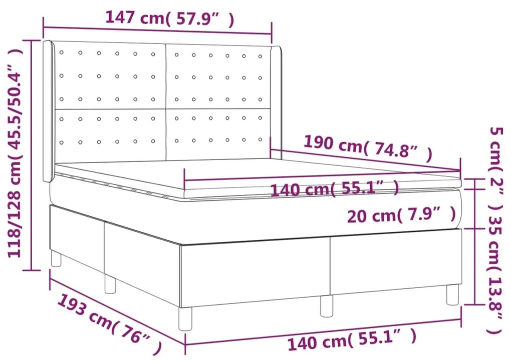 Pat box spring cu saltea, gri deschis, 140x190 cm, textil Gri deschis, 140 x 190 cm, Nasturi de tapiterie