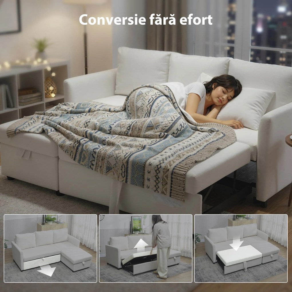 HOMCOM Divan Extensibil pentru 3 Persoane cu Șezlong Convertibil, Divan Rabatabil cu Compartiment de Depozitare și 3 Perne Detașabile, Material Textil cu Efect de In, Living, 192x148x86cm, Crem | Aosom Romania