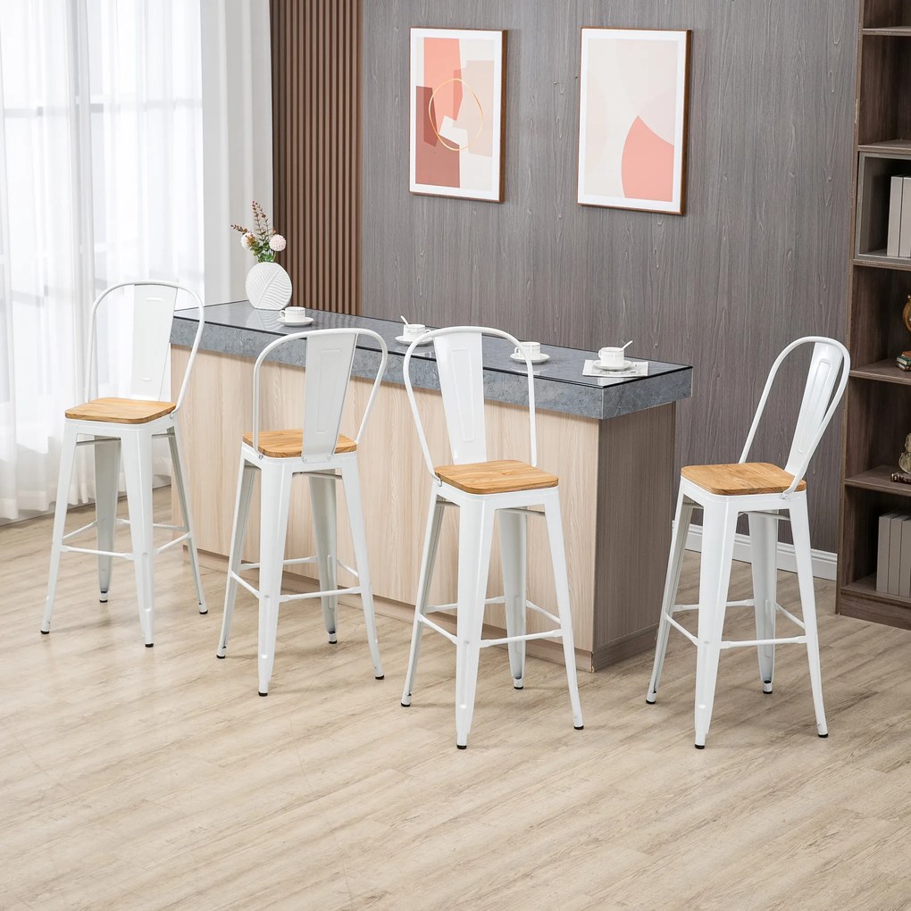 HOMCOM Set de 4 taburete de bar industrial cu spătar suport pentru picioare înălțime 76 cm oțel crem | Aosom Romania
