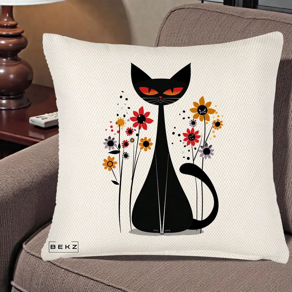 Perna Decorativa Pisica Neagra Ochi Rosii Flori, 40x40 cm, Crem Reliefat, Husa Detasabila, Perna Inclusa, BEKZ®