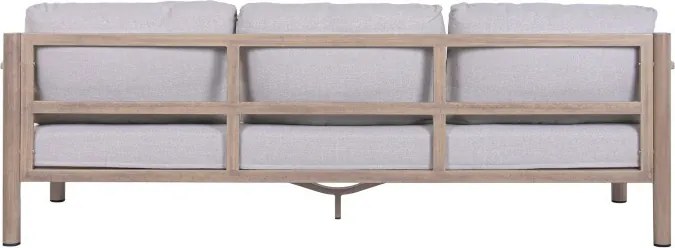 Set lounge exterior premium din aluminiu cu finisaj lemn, canapea, 2 fotolii și măsuță cu perne din olefină, „Cortina”