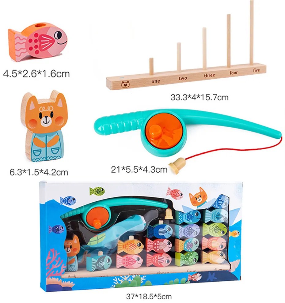 Jucărie magnetică din lemn pentru pescuit, pentru învățarea numerelor