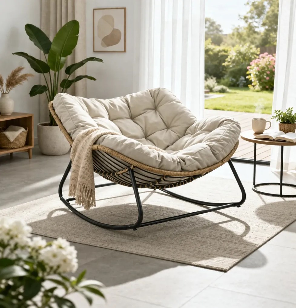 Scaun balansoar pentru interior si exterior, sezlong tip ou cu pernă captusita, cadru metalic, Bej