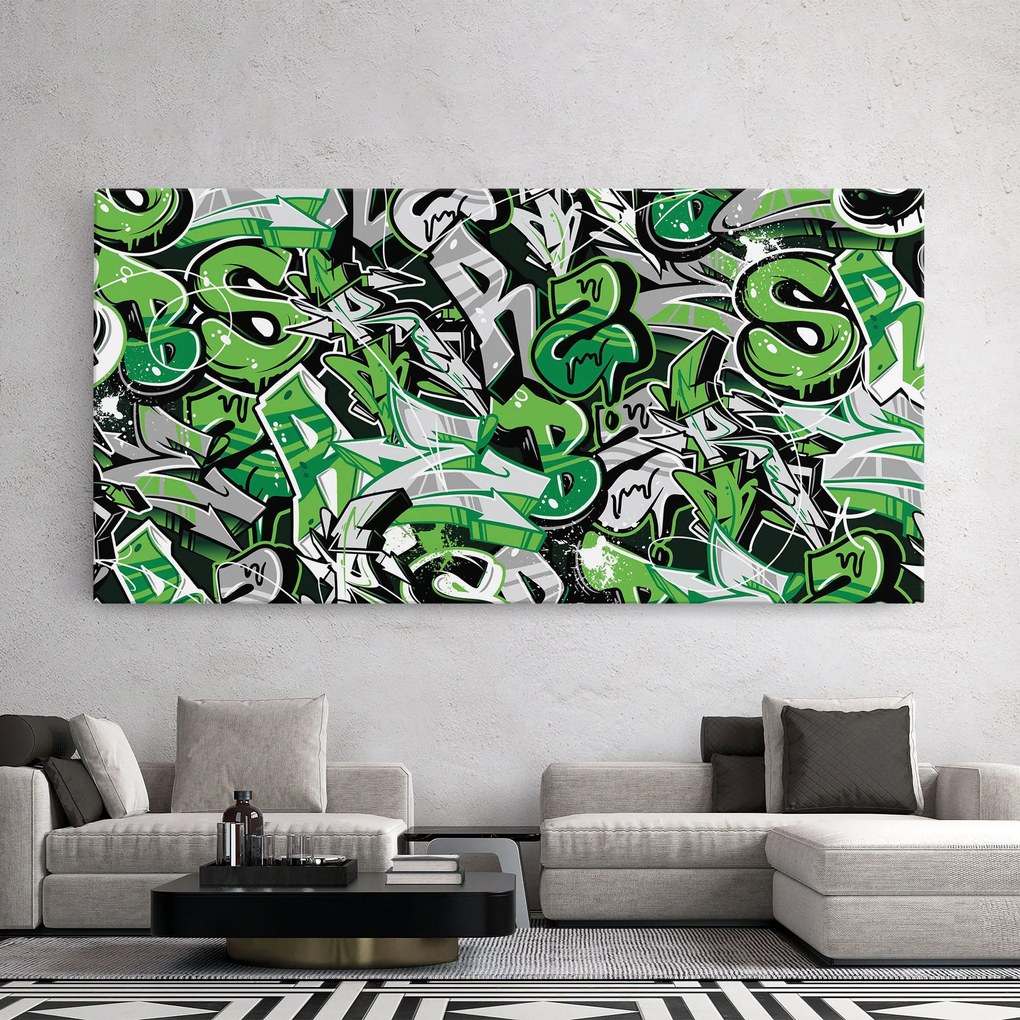 Tablou Canvas, 80x160cm, Dormitor si Living, Moderne, Graffiti, Green Graffiti Letters