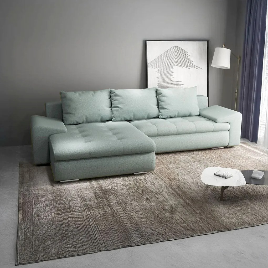 Colțar extensibil dumonde cu ladă de depozitare si sezut confortabil din spuma high-density, Leonardo Enjoy Mint 260x185 cm