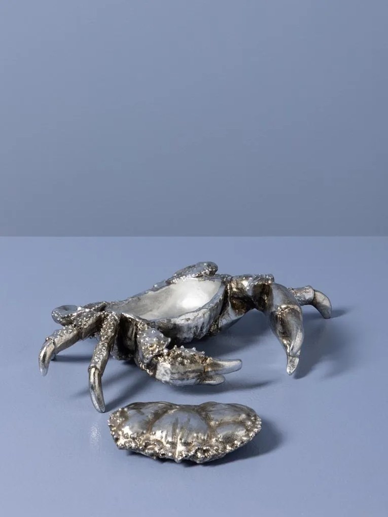Cutie decorativă din rășină argintie în formă de crab, capac detașabil, finisaj antichizat, 7 x 28,5 x 18,5 cm, „Océane”