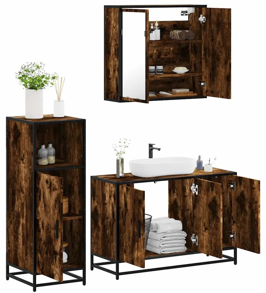vidaXL Set mobilier de baie, 3 piese, stejar fumuriu, lemn prelucrat