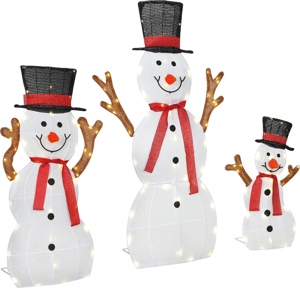 Outsunny Familie de omuleți de zăpadă în 3 piese, decorațiune exterioară, lumini LED, țăruși, rezistent la apă, oțel, poliester, alb | Aosom Romania