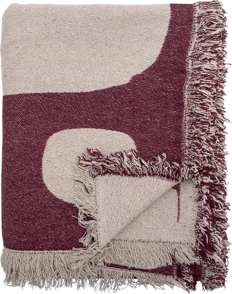 Pătură din bumbac reciclat, roșu, cu model abstract și franjuri, 160x130 cm, „Olica"