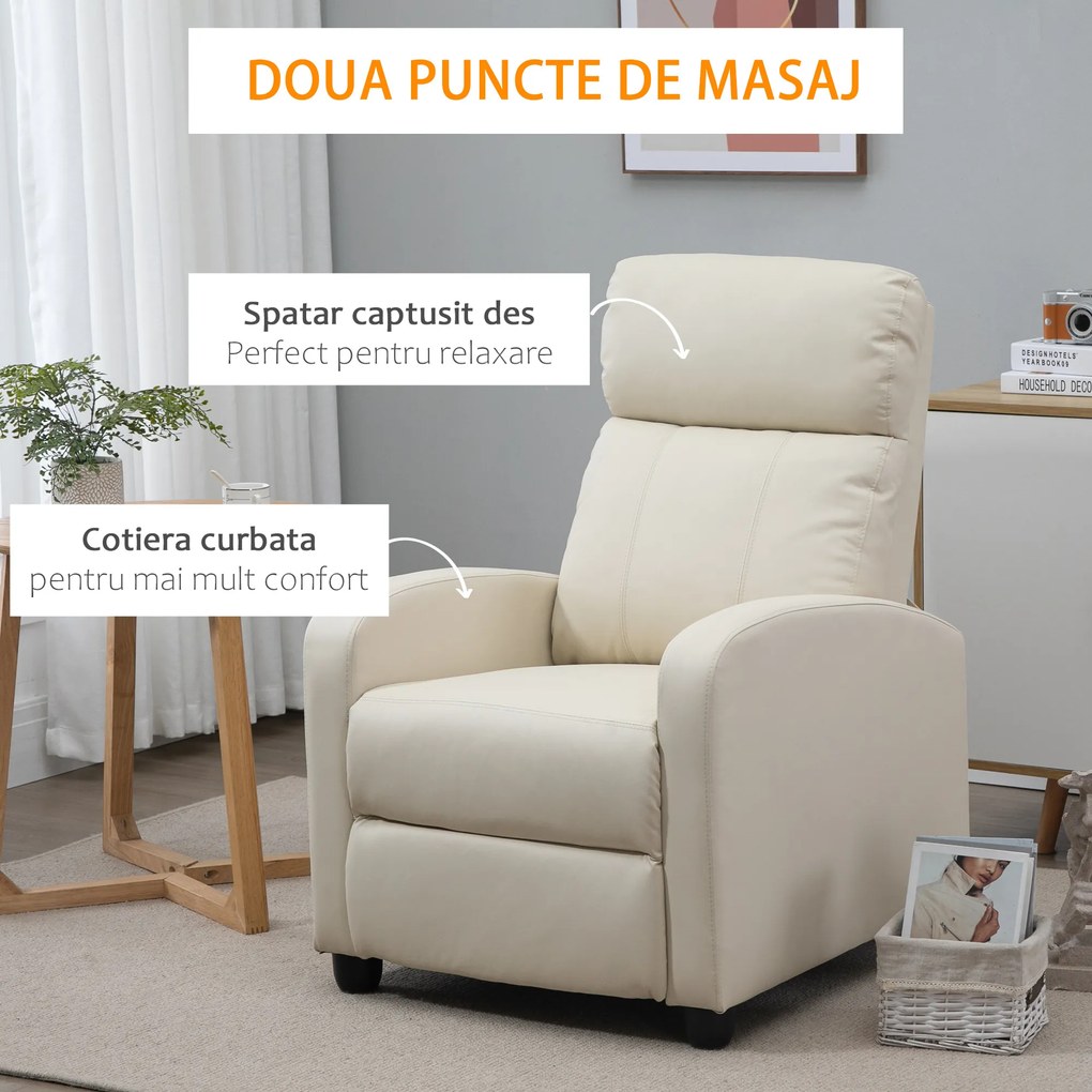 HOMCOM Fotoliu Masaj Rabatabil cu Funcție de Masaj, cu Suport pentru Picioare, Ideal pentru Relaxare, 68x88x98 cm, Crem