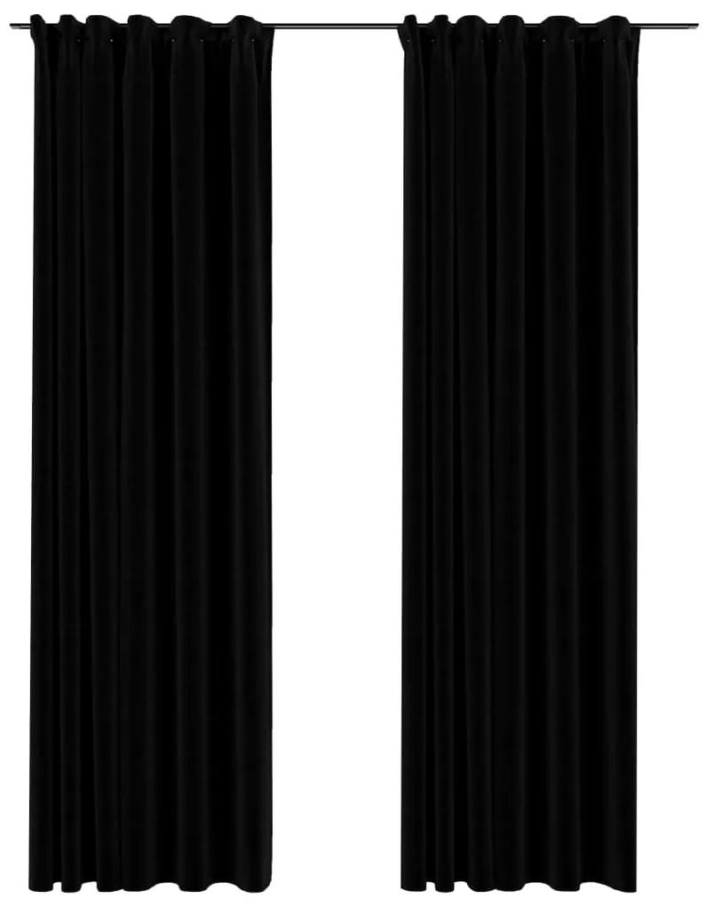 Perdele opace aspect panza, carlige, 2 buc., negru, 140x245 cm 2, Negru, 140 x 245 cm