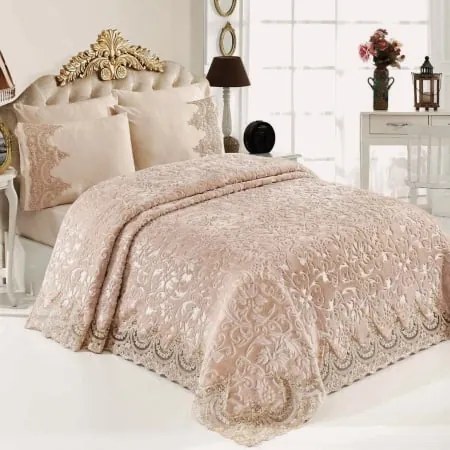 Set Luxury pentru pat, Patura cu dantela + Cearceaf de pat + 4 fete de perna, Bej