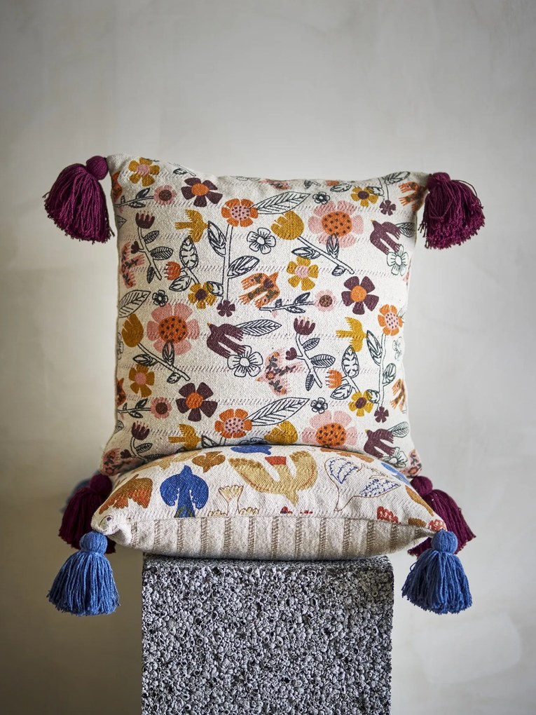 Pernă decorativă din bumbac, multicolor, cu model floral imprimat și ciucuri în colțuri, 45x45 cm, „Vivielle"