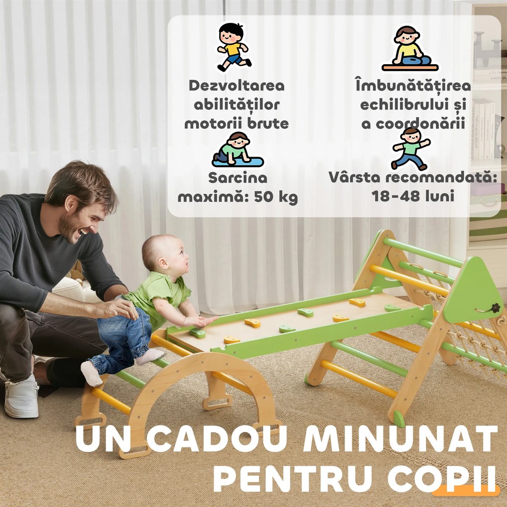 AIYAPLAY Set de Joacă pentru Copii 5 în 1 cu Triunghi, Perete Neted și Arc, din Lemn de Plop și Pin, 191.5x74.5x63 cm | Aosom Romania