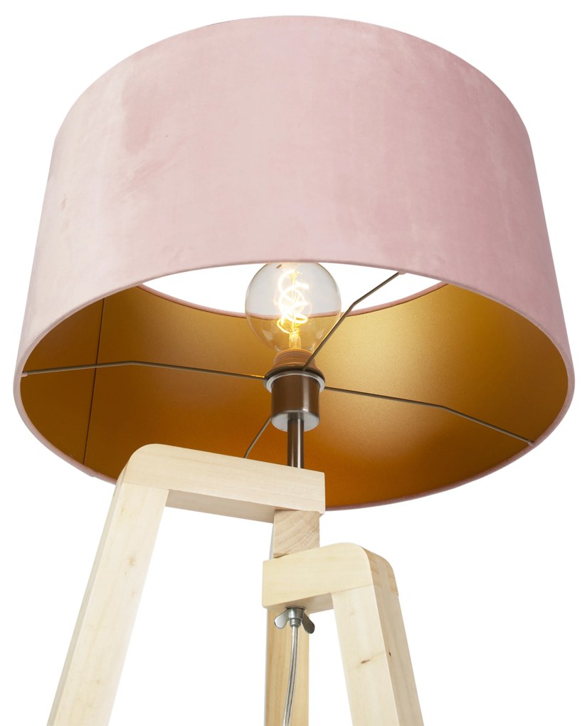 Lampă de podea cu trepied din lemn cu abajur din catifea roz 50 cm - Puros