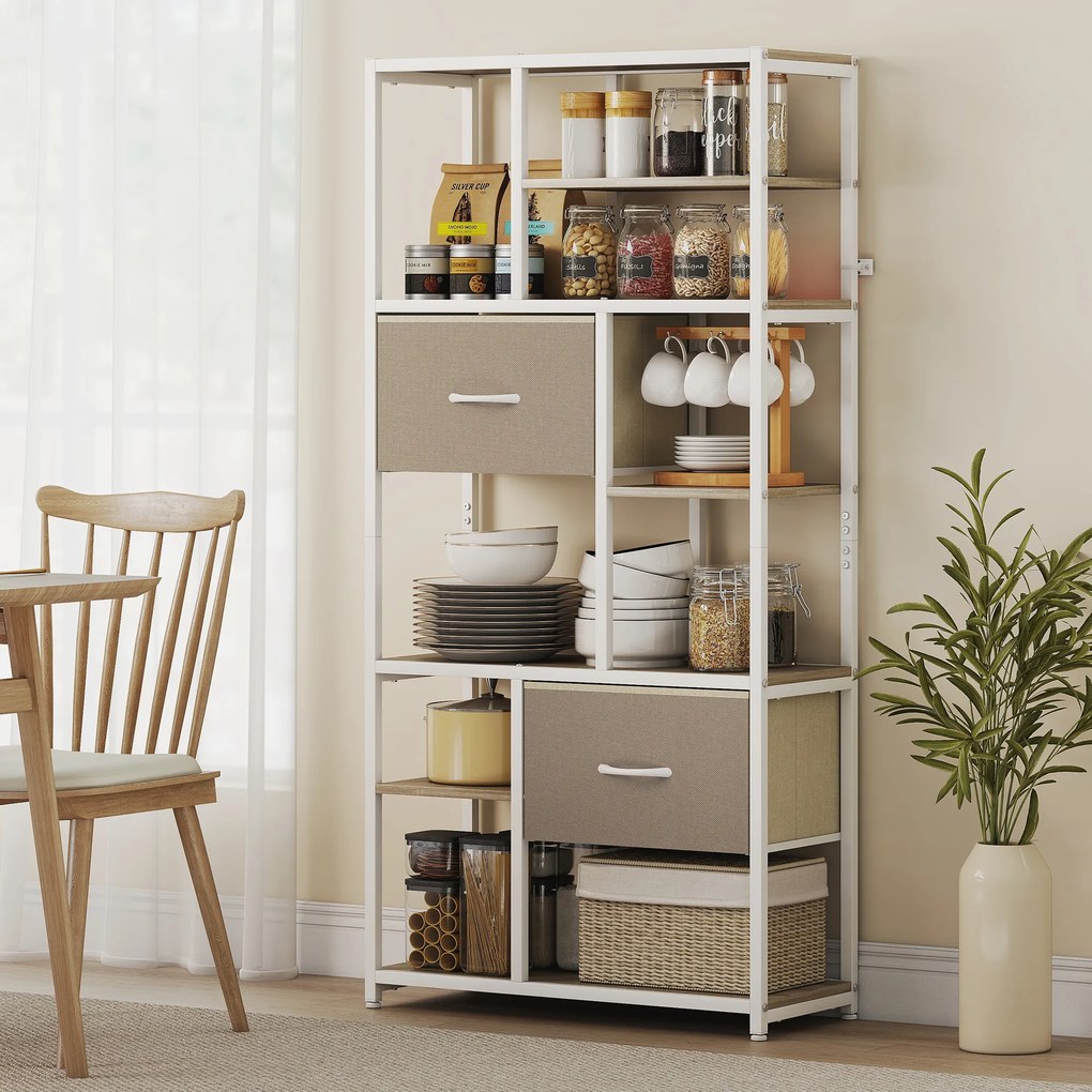 HOMCOM Etajeră de depozitare 6 niveluri, bibliotecă cu 2 sertare din țesătură, 9 rafturi deschise, 72,5 x 30 x 150 cm, alb | Aosom Romania