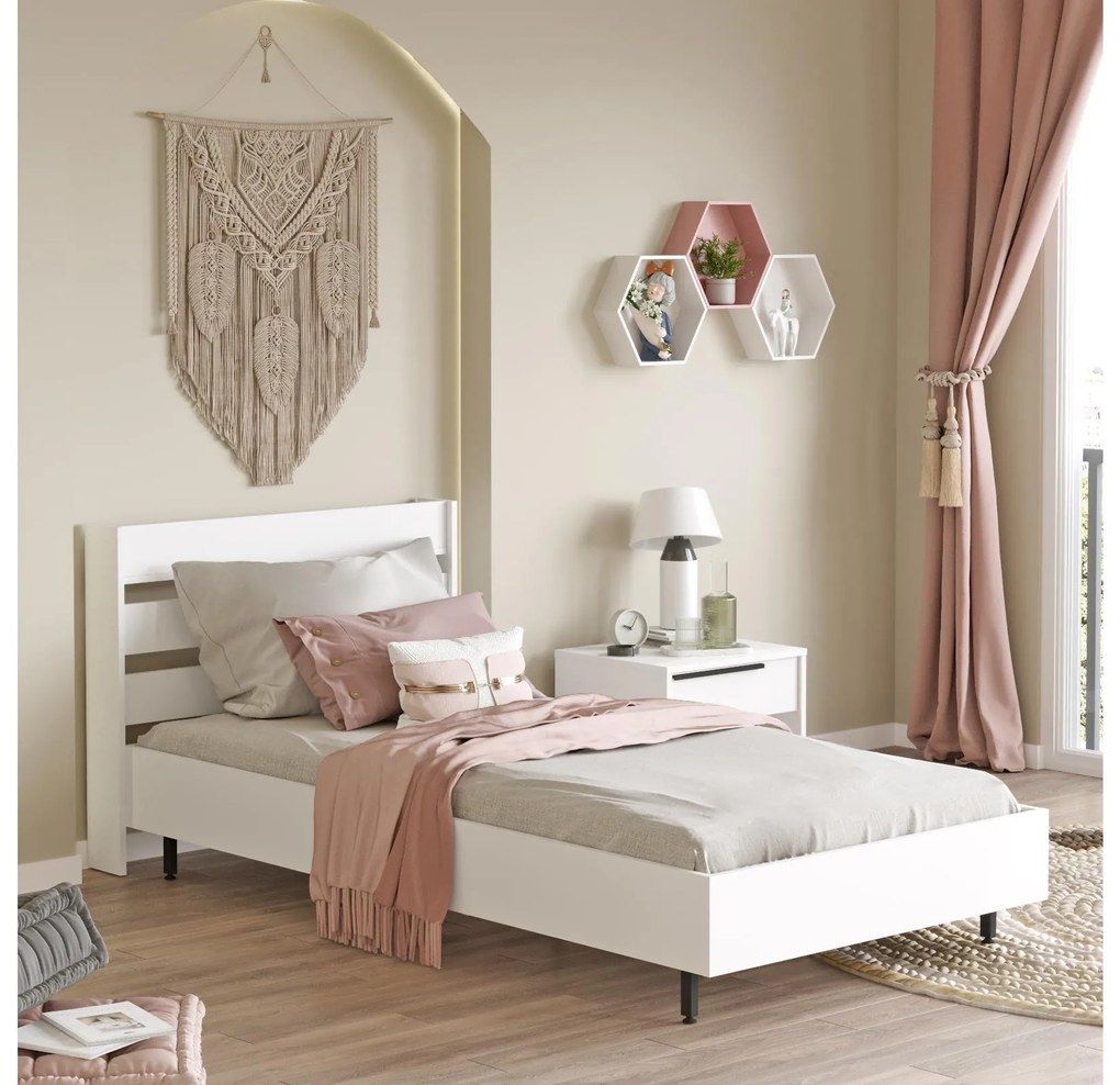 Pat de o persoană 100 cm Nimelo 6 (alb) (cu somieră). 1094843