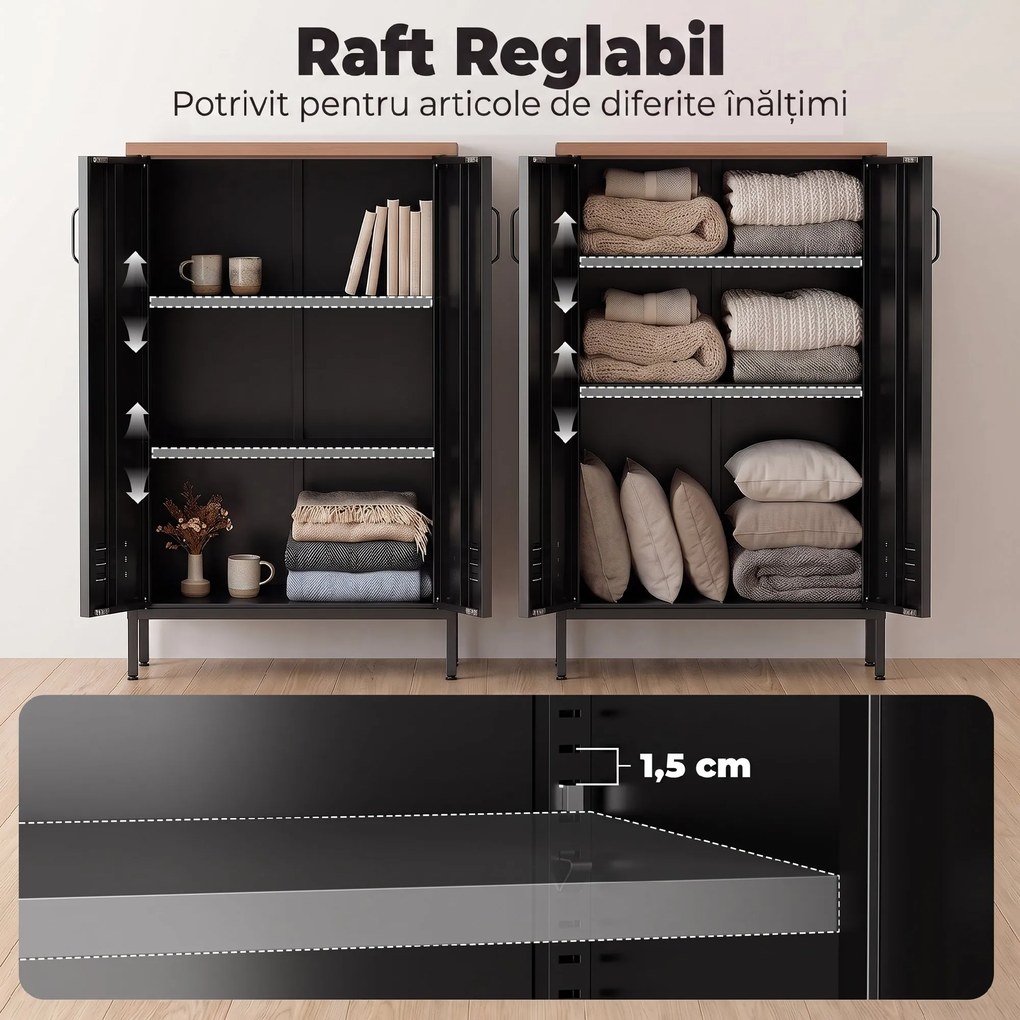 HOMCOM Bufet din Metal cu 2 Uși și Poliță Reglabilă, pentru Living/Birou, Negru | Aosom Romania