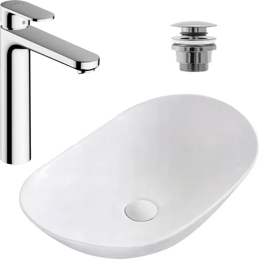Pachet lavoar pe blat Rea Royal alb 62.5 cm, baterie lavoar Hansgrohe Vernis Blend 190 crom si ventil lavoar Click-Clack crom