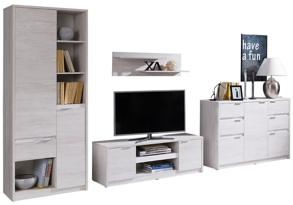 Camera de zi Providence F117Stejar albit, Alb lucios, Părți separate, Cu comodă tv, Cu componente suplimentare, PAL laminat, 200x40cm, 156 kg