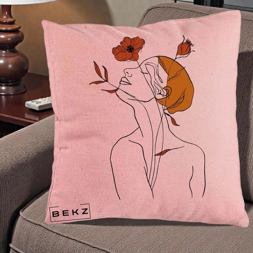 Perna Decorativa Portret Feminin Mac Privire Inalta, 40x40 cm, Roz, Husa Detasabila, Perna Inclusa, BEKZ®