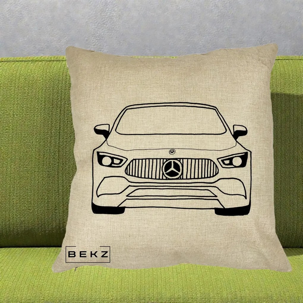 Perna Personalizata Mercedes-Benz Fata Linie, 40x40 cm, Crem, Husa Detasabila, Perna Inclusa, BEKZ®
