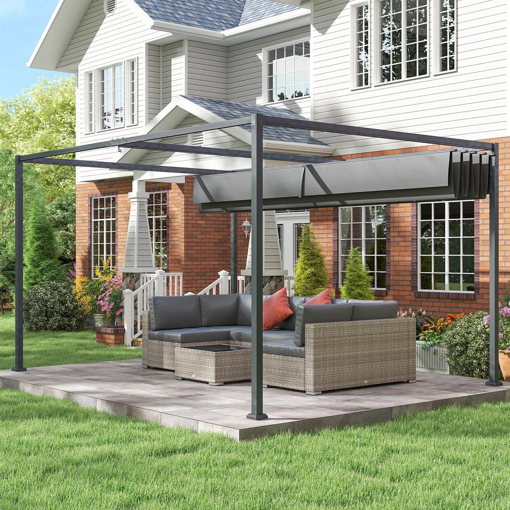 Outsunny Pergolă Gazebo 4x3 m cu Acoperiș Retractabil, Orificii de Drenaj, Țepușe și Șuruburi, Pergolă pentru Grădină din Poliester și Metal, Gri Închis | Aosom Romania