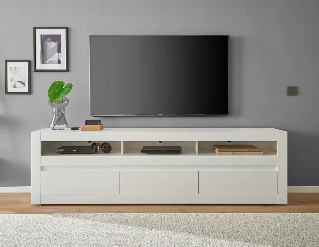 Comodă TV, în stil modern, culoare albă, fronturi MDF, 217 cm lungime