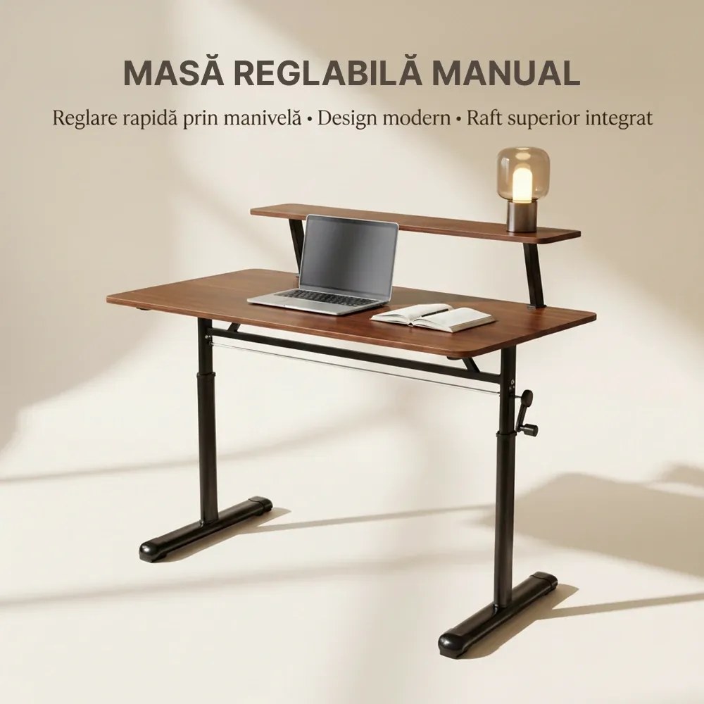 ERGOLEV WX-007 – Birou Reglabil Manual cu Înălțime Ajustabilă 65–90 cm, Blat Monobloc din PAL de Înaltă Densitate 15 mm, Cadru Metalic din Oțel, Raft Superior Integrat, 100x60 cm, Walnut