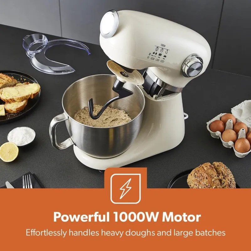 Mixer planetar Swiss Haus SH-KM2005, 1000 W, 5 l, 12 viteze, Pornire treptata, Cap rabatabil, Bol din inox, Crem