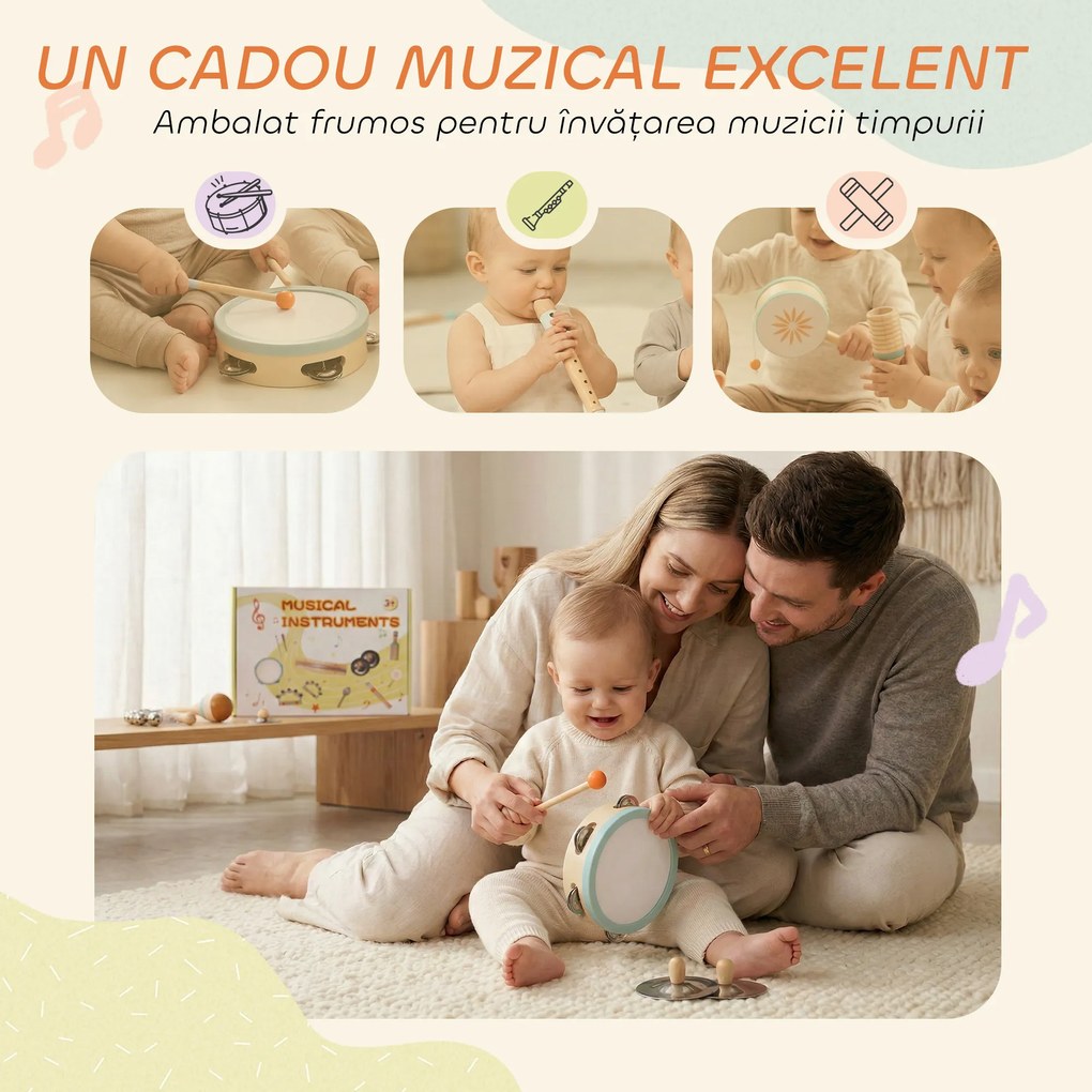 AIYAPLAY Instrumente Muzicale pentru Copii, Jucării Muzicale Montessori din Lemn pentru Copii 3+, Set de Percuție cu Tamburină și Maracas, Cadou pentru Fete și Băieți | Aosom Romania