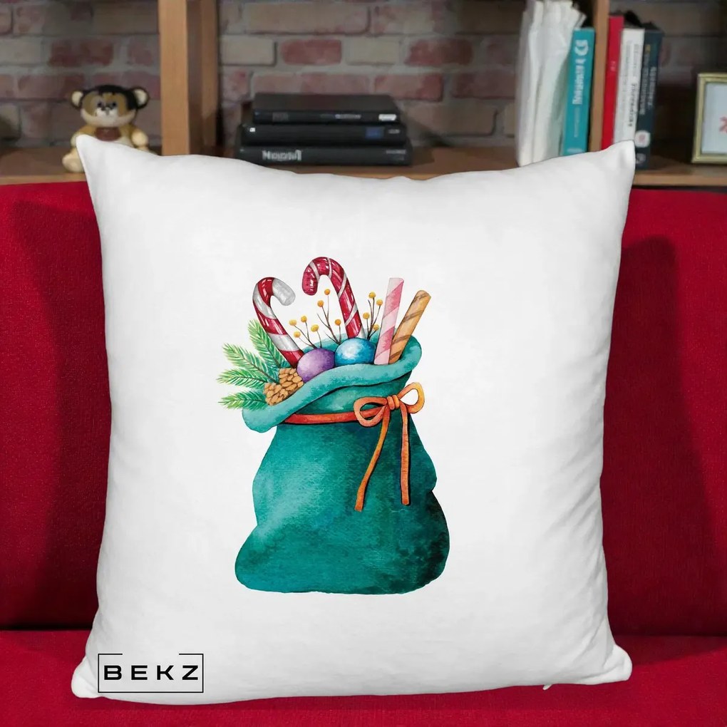 Perna Decorativa Saculet Cadouri Mos Craciun Acuarela Verde, 40x40 cm, Alb Pufos, Husa Detasabila, Perna Inclusa, BEKZ®
