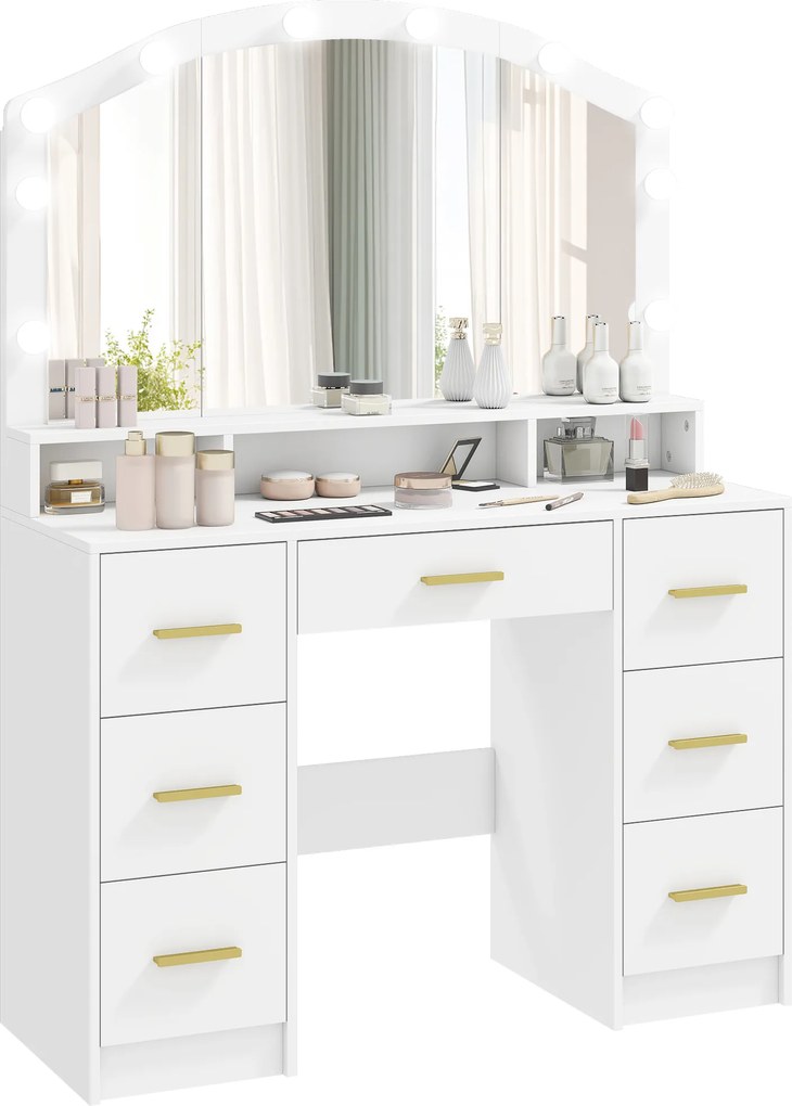 HOMCOM Masă de machiaj cu 10 becuri LED Hollywood, oglindă, 7 sertare, 3 compartimente, MDF, Alb | Aosom Romania