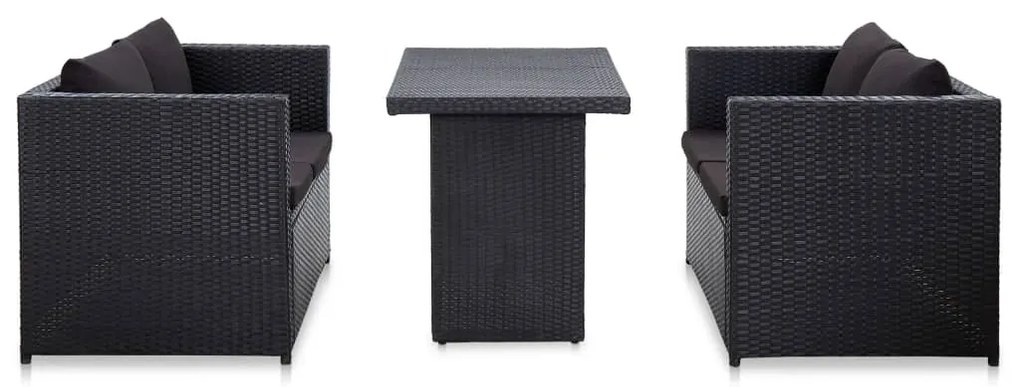 46397 vidaXL Set mobilier de grădină cu perne, 3 piese, negru, poliratan