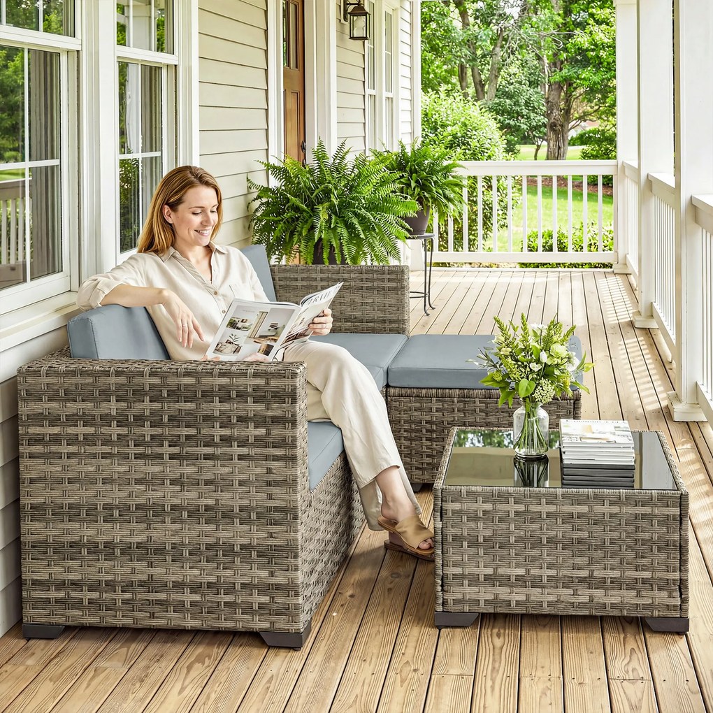 Outsunny Set de grădină exterior din ratan 5 piese cu perne 2 fotolii de colț fotoliu fără brațe taburet și masă | Aosom Romania