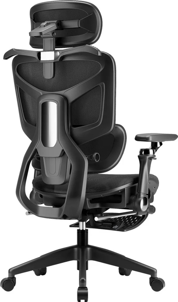 Scaun ergonomic, translatie sezut, cotiere 6D, tetiera 3D, suport lombar reglabil, pivotant, suport pentru picioare, Negru