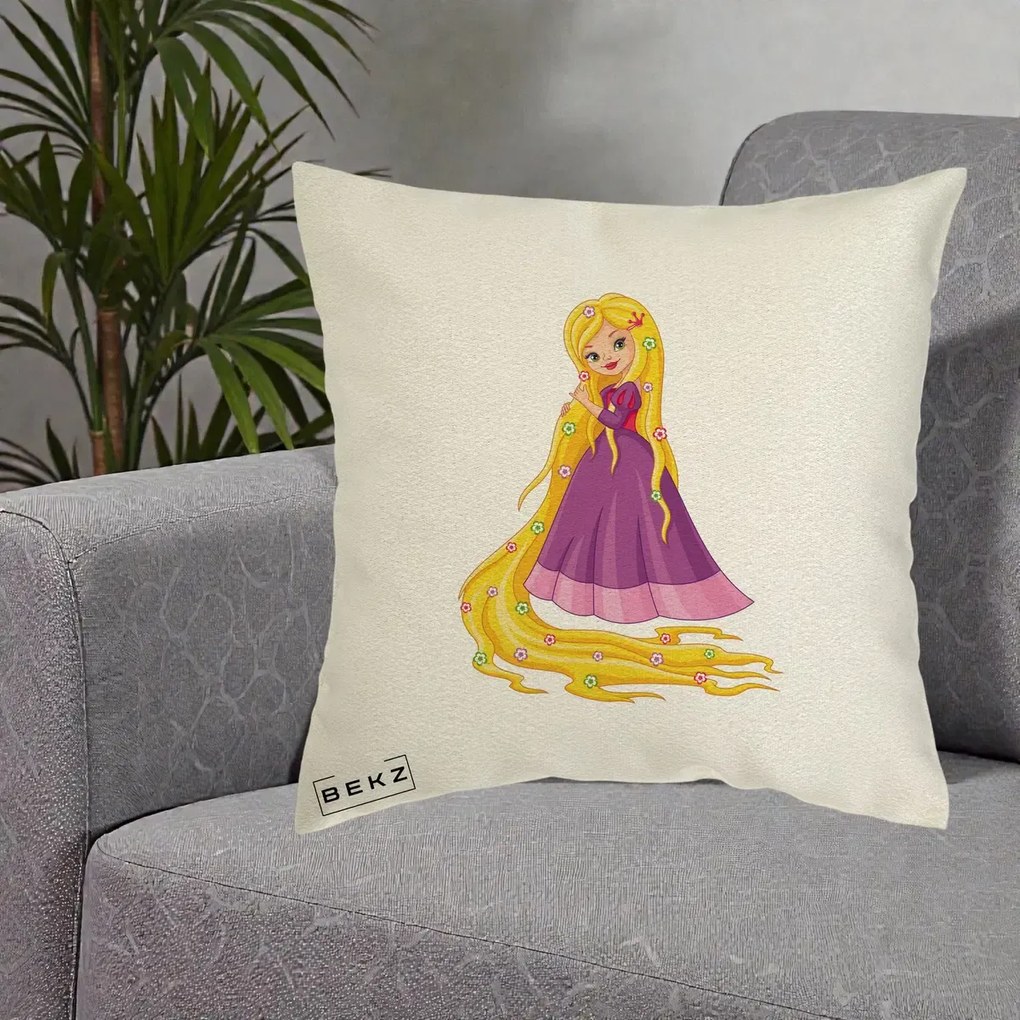 Perna Personalizata Rapunzel Par Lung Floral, 40x40 cm, Ecru, Husa Detasabila, Perna Inclusa, BEKZ®