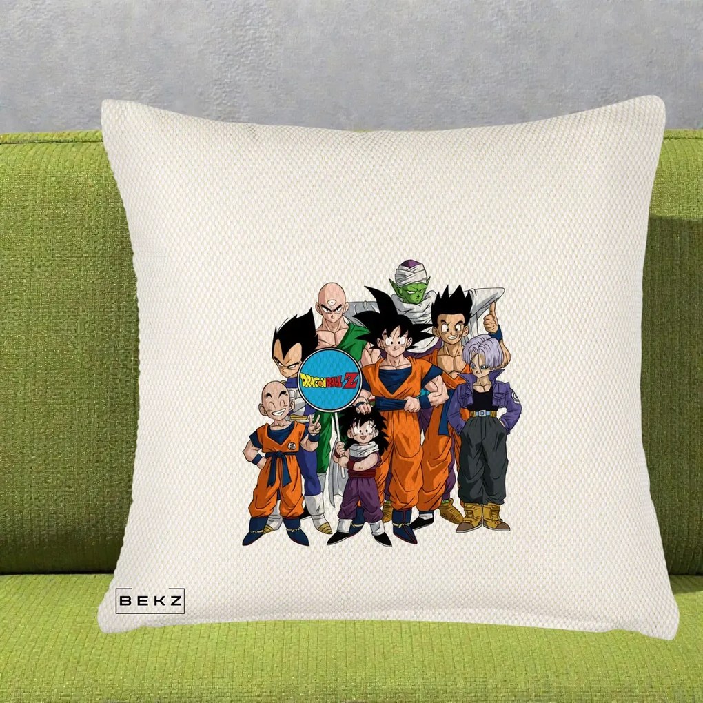Perna Personalizata Dragon Ball Z Grup Complet, 40x40 cm, Crem Reliefat, Husa Detasabila, Perna Inclusa, BEKZ®