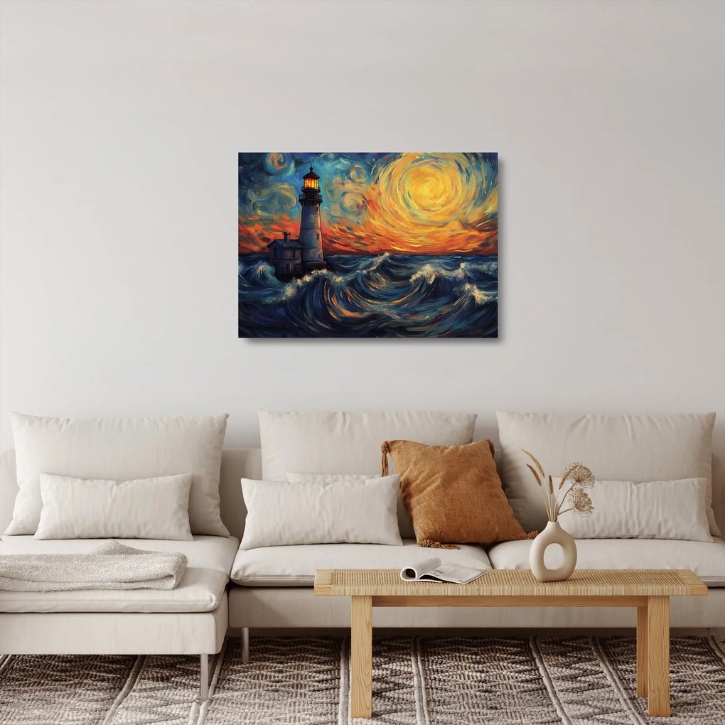 Tablou pe sticlă - Far în valuri (70x50 cm)