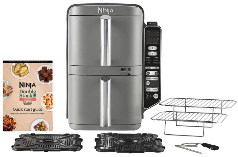Friteuza dubla cu aer cald Ninja SL451EU, 2470W, 9.5L, Termometru digital, 2 cosuri, 6 programe, Max Crisp, Sync & Match, Gri
