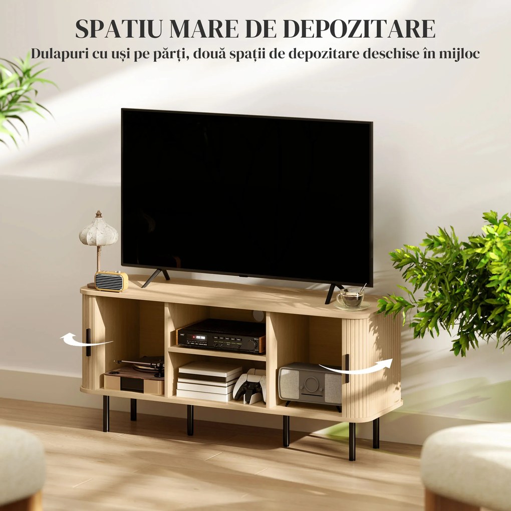 HOMCOM Dulap TV cu 2 Dulapuri, 2 Rafturi și 2 Orificii pentru Cabluri, Mobilier TV din Lemn, 120x40x55 cm, Lemn Natural | Aosom Romania