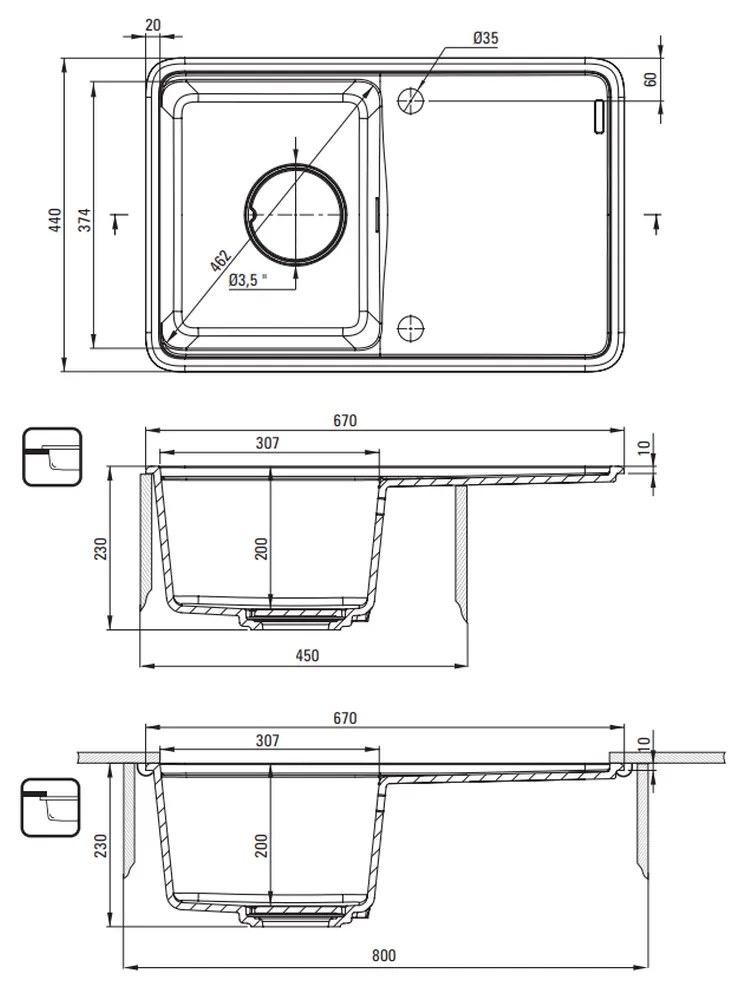 Chiuveta bucatarie compozit Deante Momi, 67x44 cm, cu picurator, alb mat 670x440 mm, Alb mat