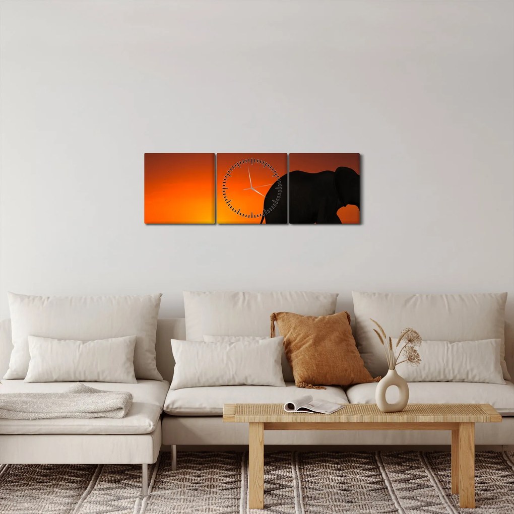 Tablou cu elefant în apus de soare (cu ceas) (90x30 cm)