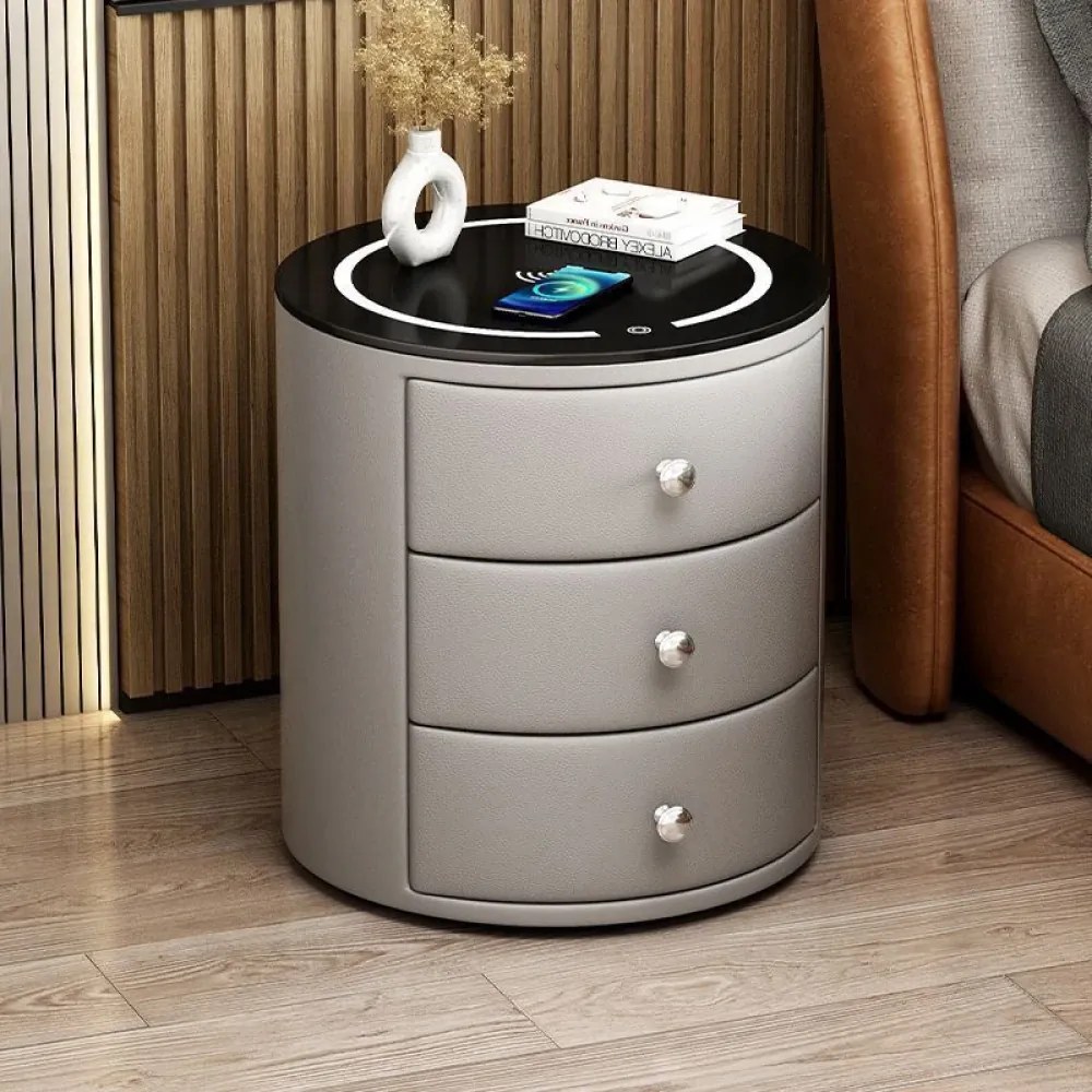 Noptieră inteligentă multifuncțională rotundă, 3 sertare, iluminare LED-uri Touch, încărcare fără fir, încărcare USB, difuzor Bluetooth, sticlă securizată, Gri