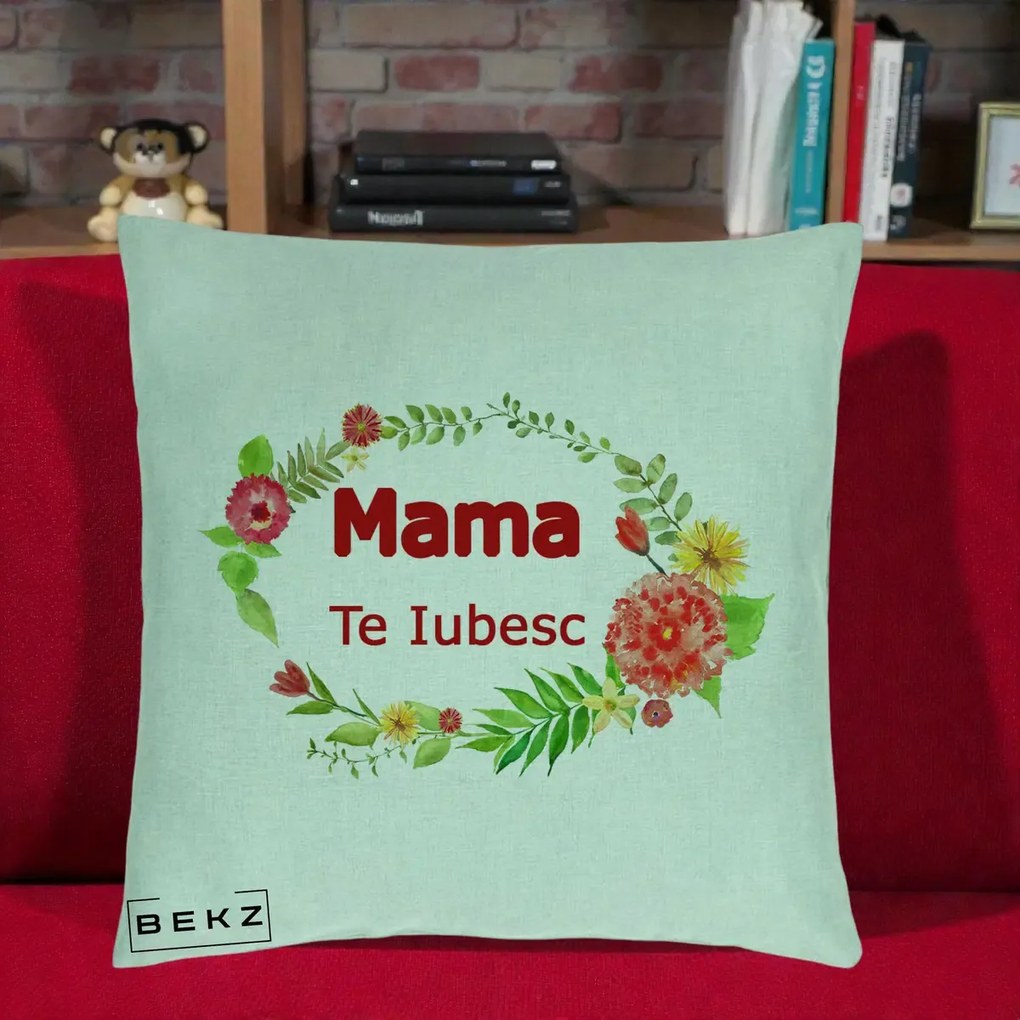 Cadou pentru Mama - Perna Personalizata Mama Te Iubesc Flori Rosii, 40x40 cm, Verde Menta, Husa Detasabila, Perna Inclusa, BEKZ®