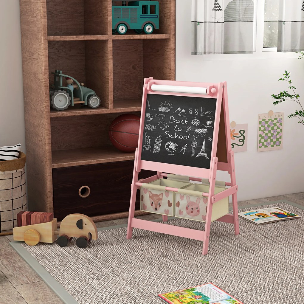 Tablă pentru copii 3 în 1 cu 2 containere AIYAPLAY, șevalet de artă din lemn pentru copii cu vârsta între 3-8 ani, 54x46,5x93cm, de culoare roz