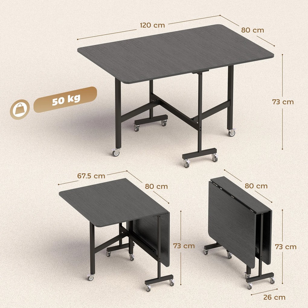 HOMCOM Masă de Dining Pliabilă, Masă de Bucătărie Rabatabilă cu Roți cu Frână pentru 4-6 Persoane, Birou Compact cu Cadru din Oțel, pentru Living, 120x80x73 cm, Negru cu Efect de Lemn | Aosom Romania